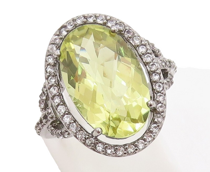 925 Sterling Silver Vintage Ring Oval Citrine Halo Topaz Ring  Sz 7.5  RG30519
