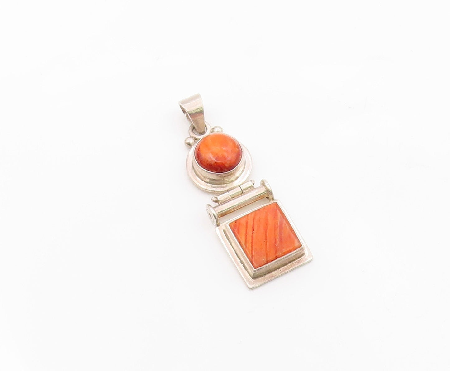 925 Sterling Silver  Vintage Round & Square Orange Agate Drop Pendant  PT21568