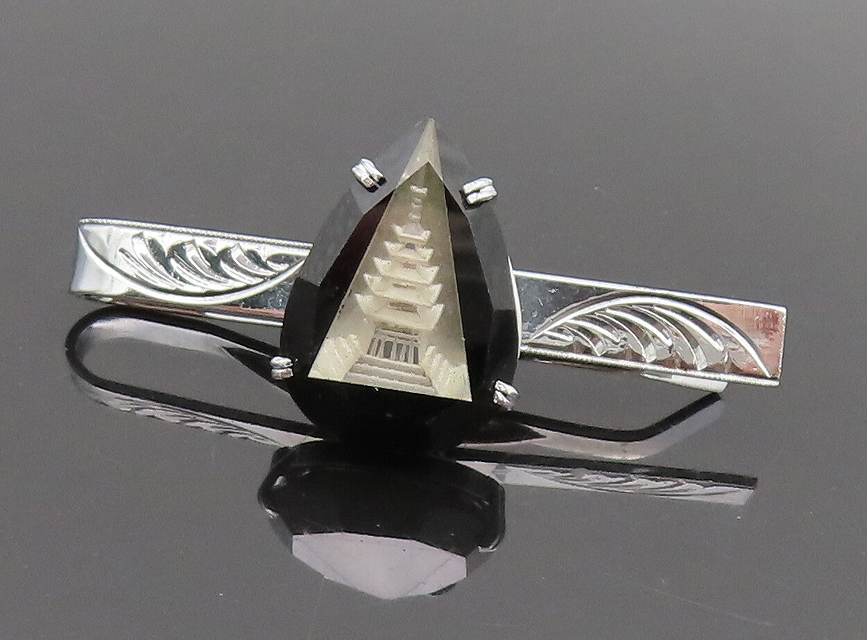 JAPAN 925 Silver  Vintage Designer Onyx Inlay Glass Shrines Tie Clip  TR3612