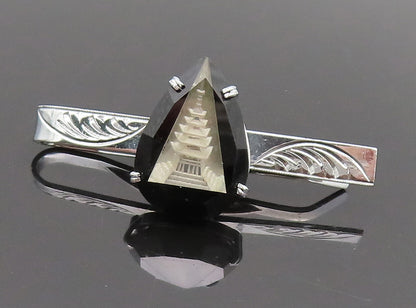 JAPAN 925 Silver  Vintage Designer Onyx Inlay Glass Shrines Tie Clip  TR3612