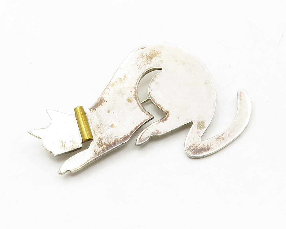 MEXICO 925 Sterling Silver  Vintage Two Tone Cat Motif Brooch Pin  BP4723