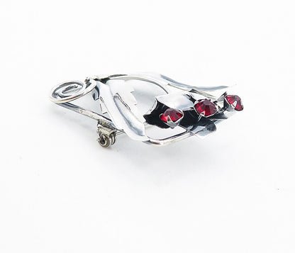 925 Sterling Silver  Vintage Red Topaz Shiny Flower Swirl Brooch Pin  BP3010