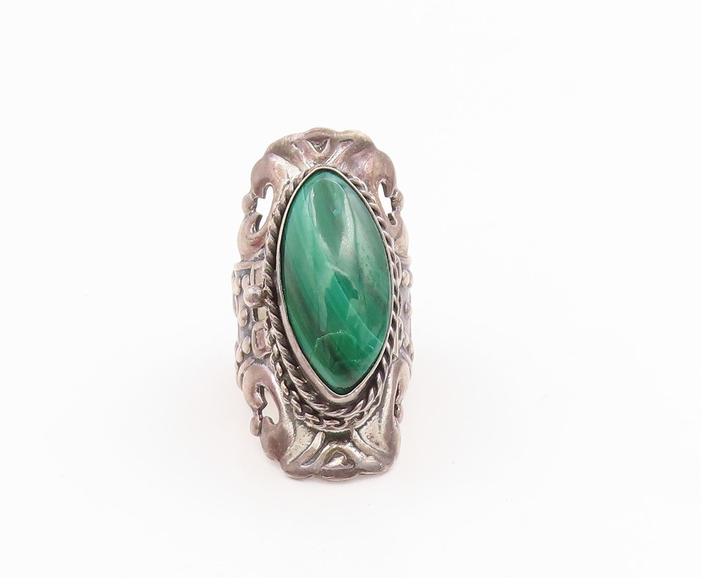 925 Sterling Silver Vintage Ring TAXCO MEXICO Malachite (OPENS)  Sz 6.5  RG35428