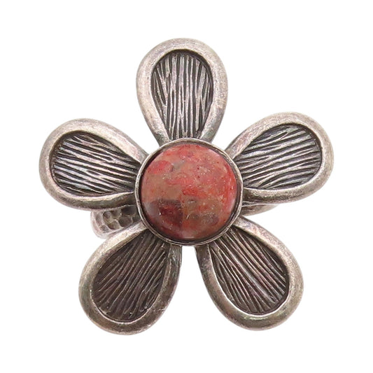 925 Sterling Silver Vintage Ring Cabochon Gemstone Flower Cutout  Sz 7.5 RG33271