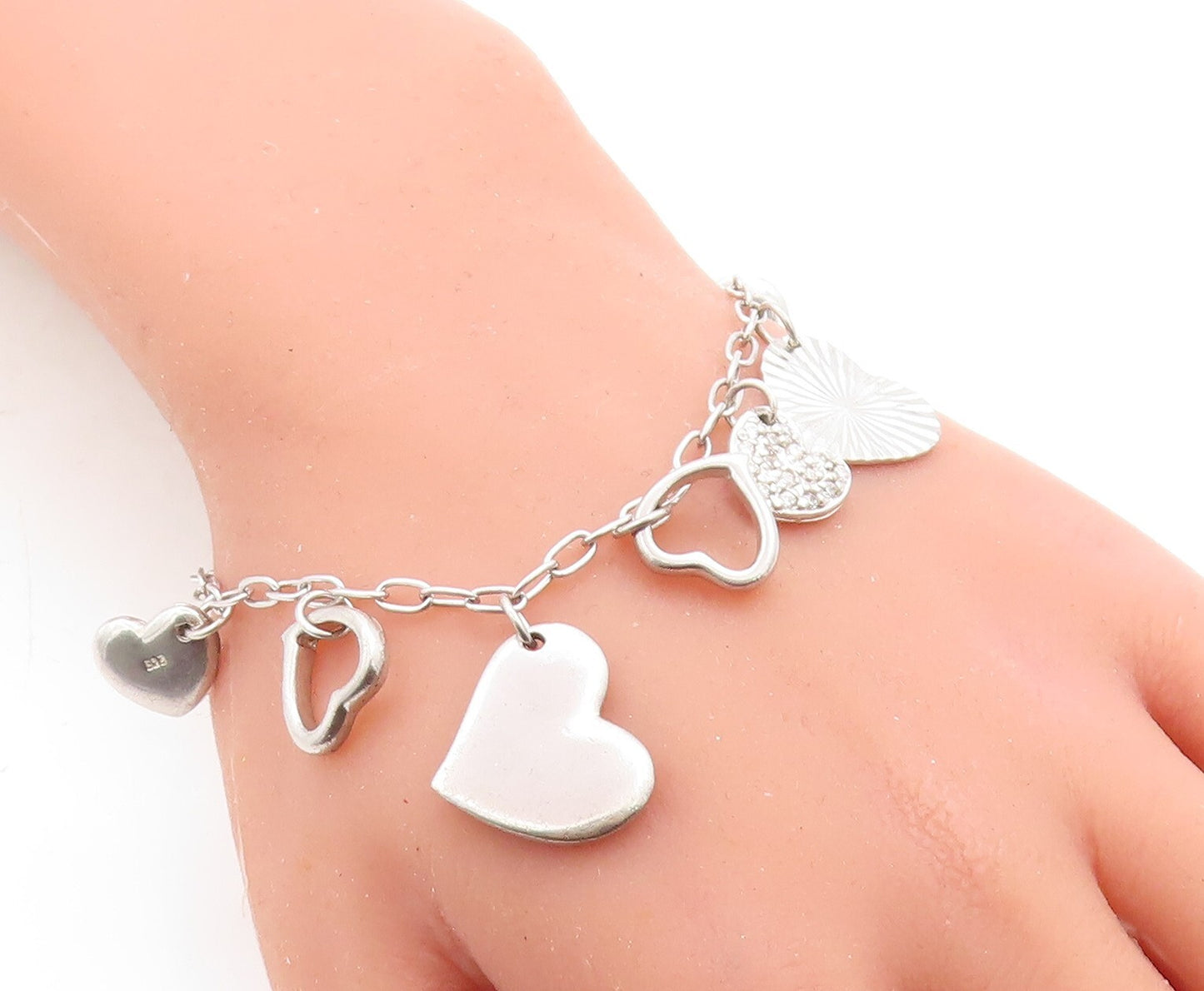 925 Sterling Silver  Vintage Topaz Love Heart Charmed Chain Bracelet  BT1496