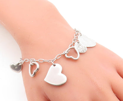925 Sterling Silver  Vintage Topaz Love Heart Charmed Chain Bracelet  BT1496