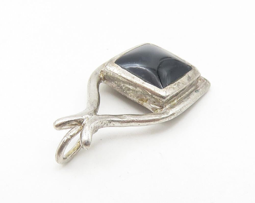 925 Sterling Silver  Vintage Inlaid Black Onyx Square Drop Pendant  PT8994