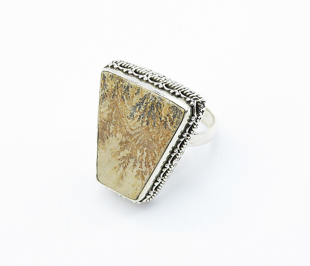 925 Sterling Silver  Floral Leaf Etched Jasper Cocktail Ring Sz 8.5  RG8199