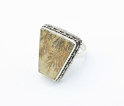 925 Sterling Silver  Floral Leaf Etched Jasper Cocktail Ring Sz 8.5  RG8199