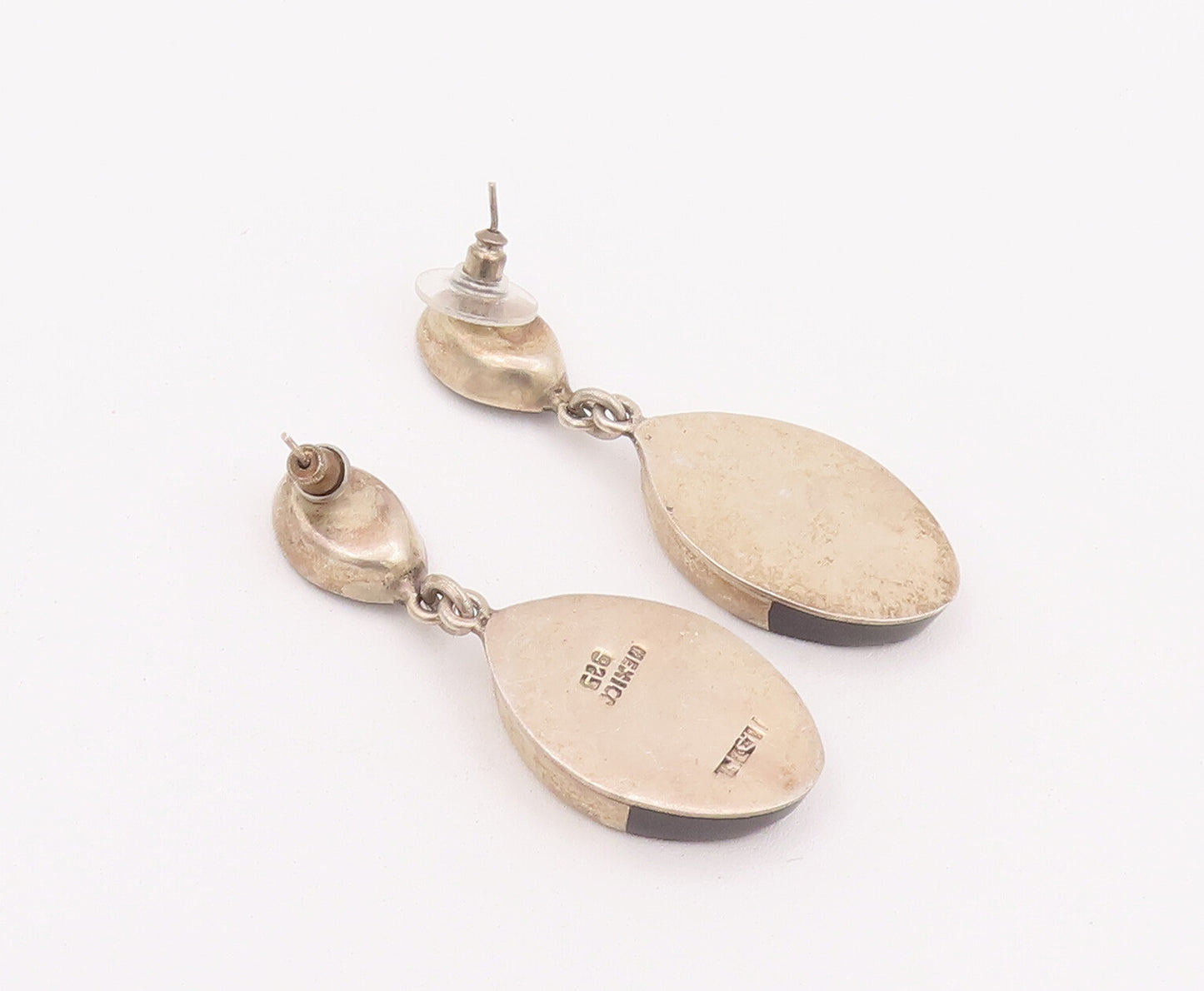925 Sterling Silver Vintage Earrings MEXICO Linked Dangling Inlay Onyx  EG12931