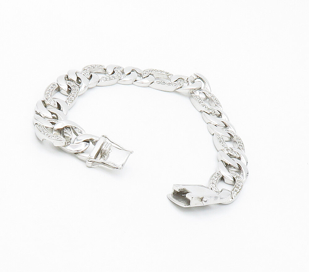 925 Sterling Silver  White Topaz Shiny Curb Link Chain Bracelet  BT5993