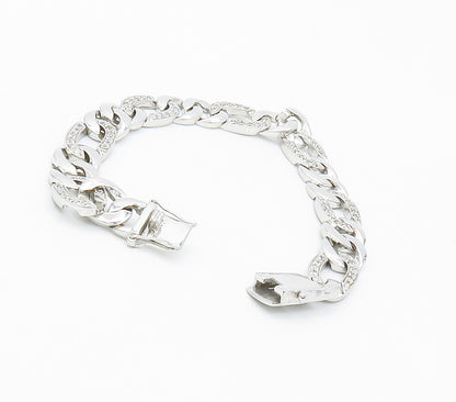 925 Sterling Silver  White Topaz Shiny Curb Link Chain Bracelet  BT5993