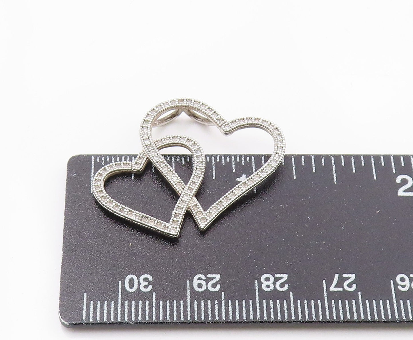 925 Sterling Silver  Shiny Genuine Diamonds Double Love Heart Pendant  PT8009