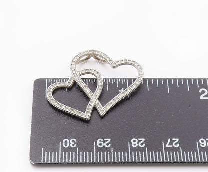 925 Sterling Silver  Shiny Genuine Diamonds Double Love Heart Pendant  PT8009