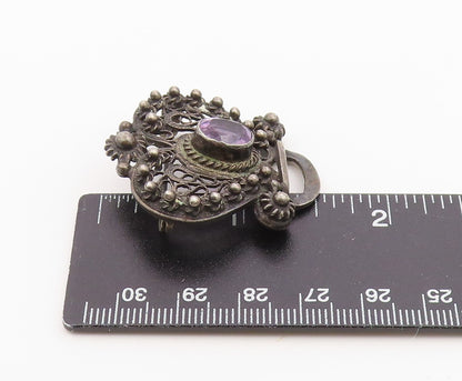 925 Sterling Silver Vintage Brooch Pin Classic Amethyst Floral Openwork  BP12588
