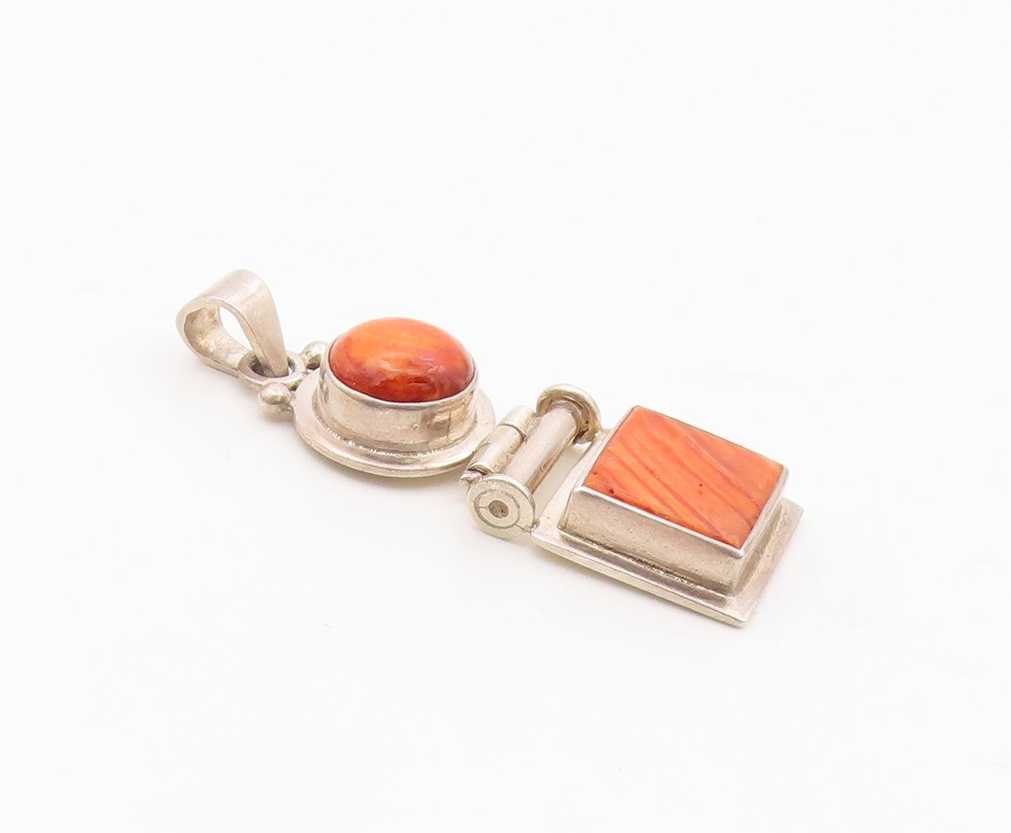 925 Sterling Silver  Vintage Round & Square Orange Agate Drop Pendant  PT21568