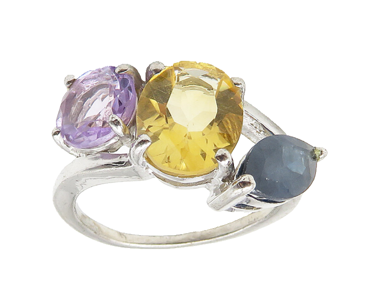 925 Sterling Silver  Amethyst Citrine & Sapphire Shiny Band Ring Sz 7  RG10549