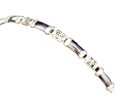 925 Sterling Silver Vintage Curved Black Onyx Bar & Characters Bracelet BT9508
