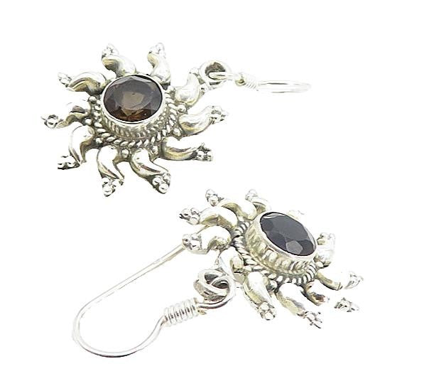 925 Sterling Silver  Smoky Topaz Shining Sun Motif Dangle Earrings  EG3658