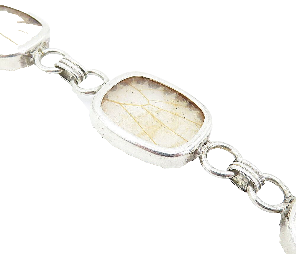925 Sterling Silver  Vintage Rutilated Quartz Round Link Chain Bracelet BT2250