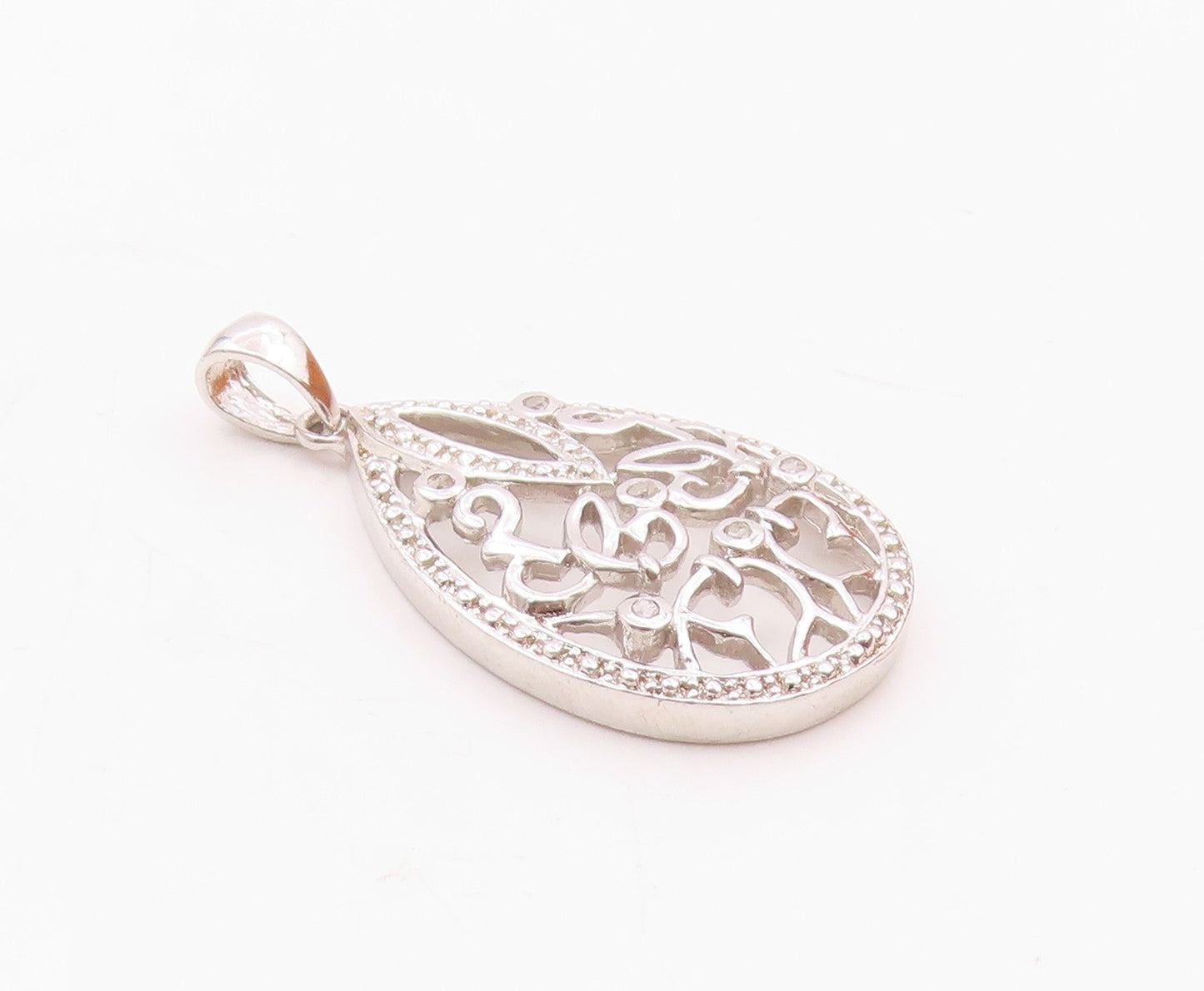 925 Sterling Silver  Vintage Genuine Diamonds Tear Drop Swirl Pendant  PT19271