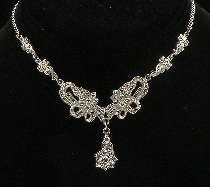 925 Sterling Silver  Vintage Sparkling Floral Ribbon Chain Necklace  NE2619