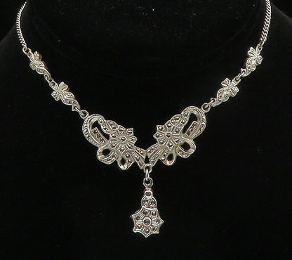 925 Sterling Silver  Vintage Sparkling Floral Ribbon Chain Necklace  NE2619