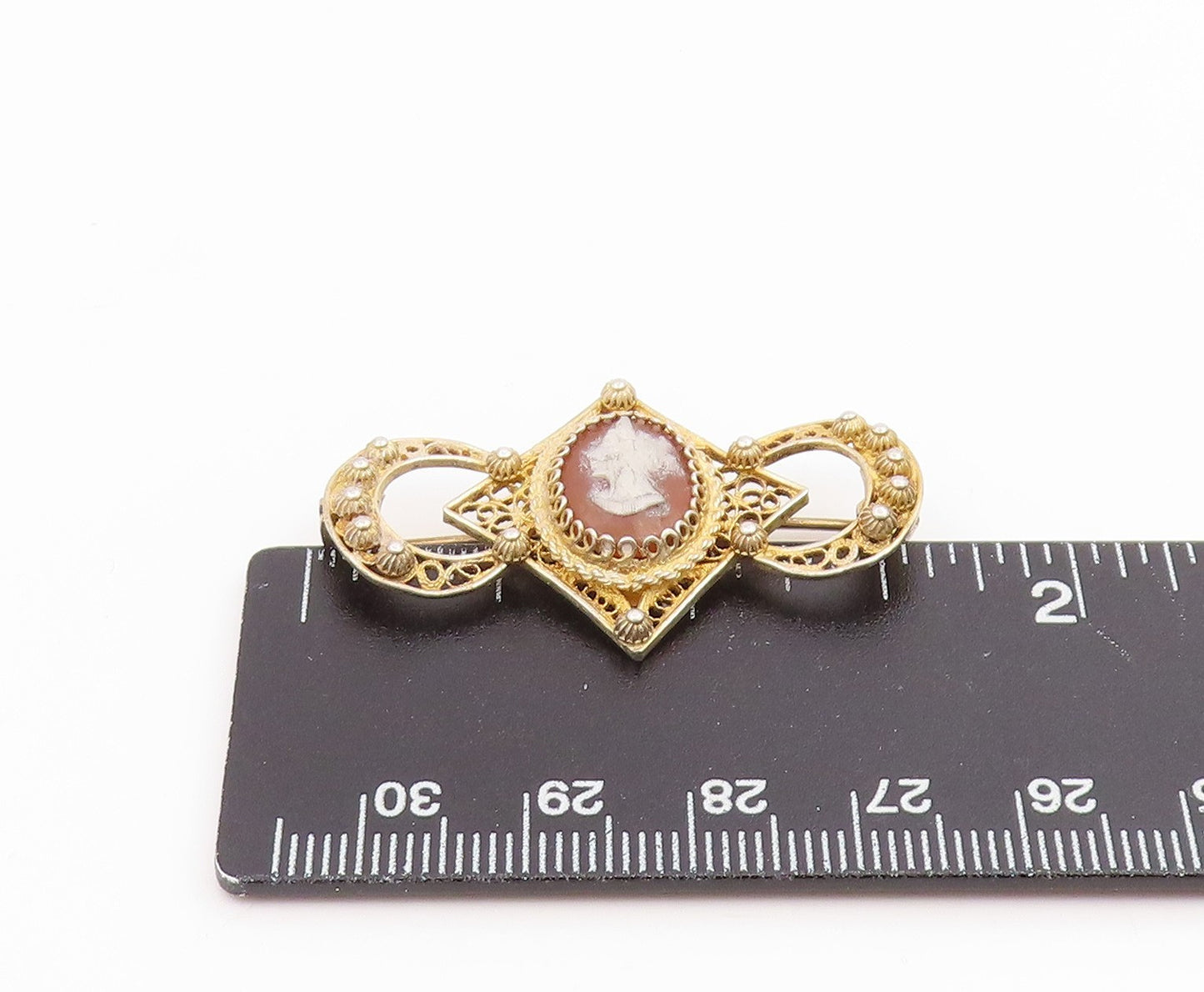 925 Sterling Silver Vintage Brooch Pin Gold Plated Carved Cameo Filigree BP12413