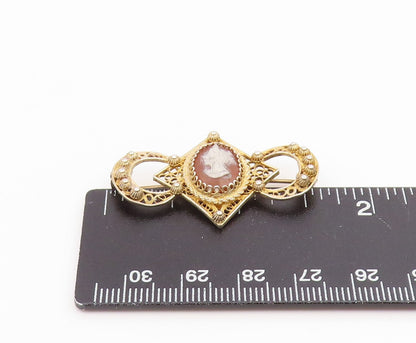 925 Sterling Silver Vintage Brooch Pin Gold Plated Carved Cameo Filigree BP12413