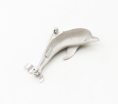 BEAU 925 Sterling Silver  Vintage Shiny Matte Dolphin Motif Brooch Pin  BP6507