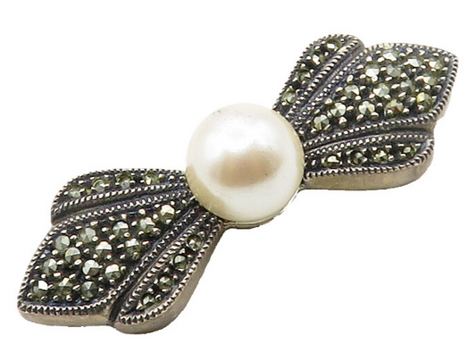 JUDITH JACK 925 Silver  Vintage Pearl & Marcasite Bow Motif Brooch Pin  BP6425