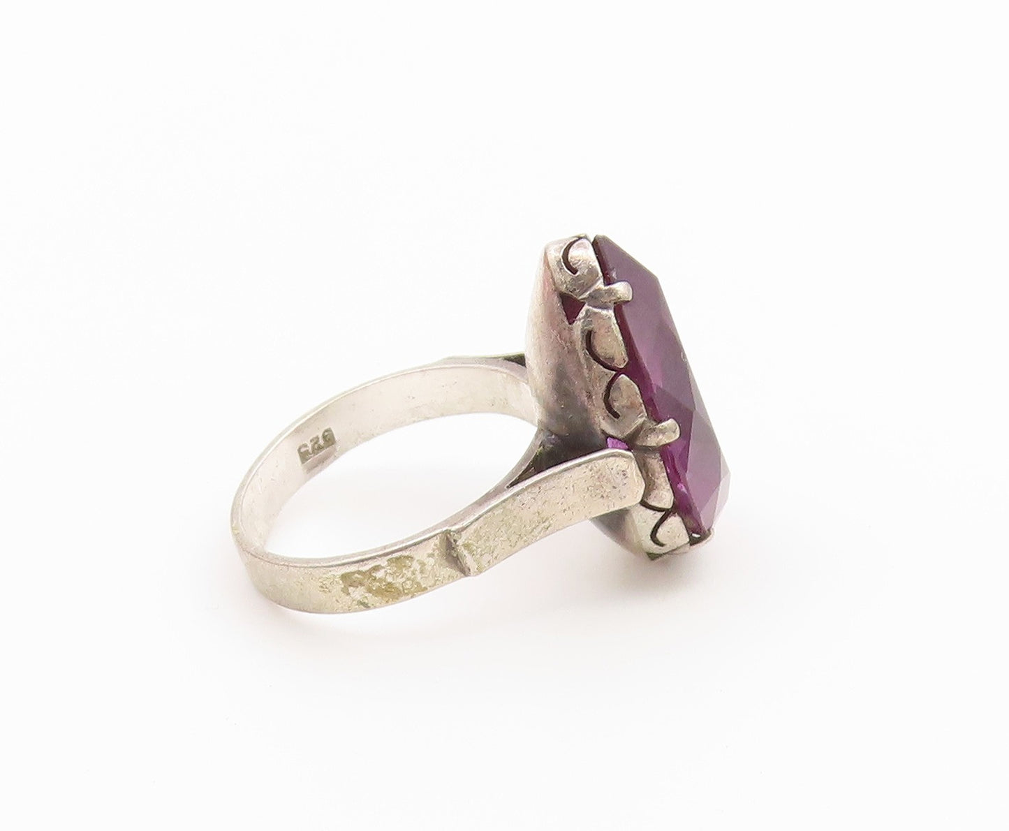 925 Sterling Silver Vintage Ring Pear Cut Amethyst Statement Band  Sz 7  RG36854
