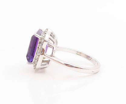 925 Sterling Silver Vintage Ring Elegant Amethyst & Halo CZ Band  Sz 8  RG35676