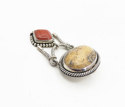 BALI 925 Sterling Silver  Vintage Cabochon Jasper Linked Brooch Pin  BP3260