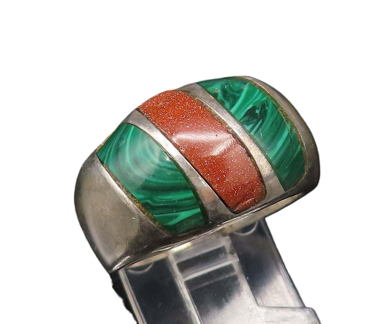 MEXICO 925 Silver  Vintage Malachite & Drusy Quartz Dome Ring Sz 7.5  RG25869