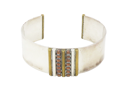 DESIGNER 925 Silver Vintage Shiny Three Tone Detail Cuff Bracelet BT6976