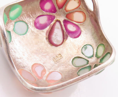 925 Sterling Silver Vintage Pendant Opal Inlay Daisy Flower Motif Charm  PT25822