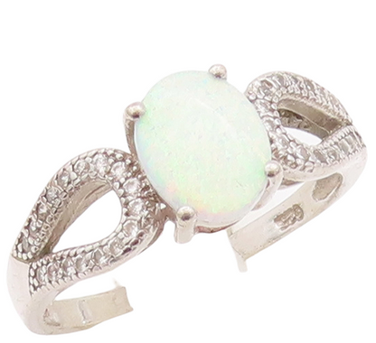 925 Sterling Silver Vintage Ring Loop Neck CZ Inlay & Fire Opal  Sz 9 RG29085