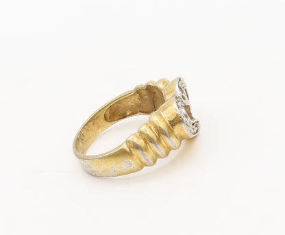 925 Sterling Silver Vintage Ring Gold Plate Carved CZ Love Heart Sz 6  RG27654
