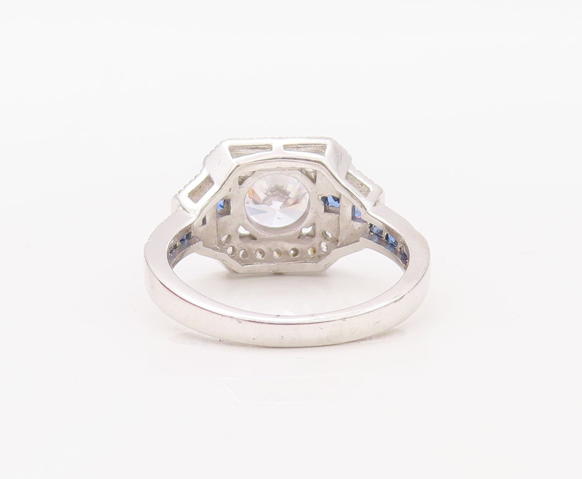 925 Sterling Silver Vintage Ring Designer CZ & Square Sapphire   Sz 7  RG30780