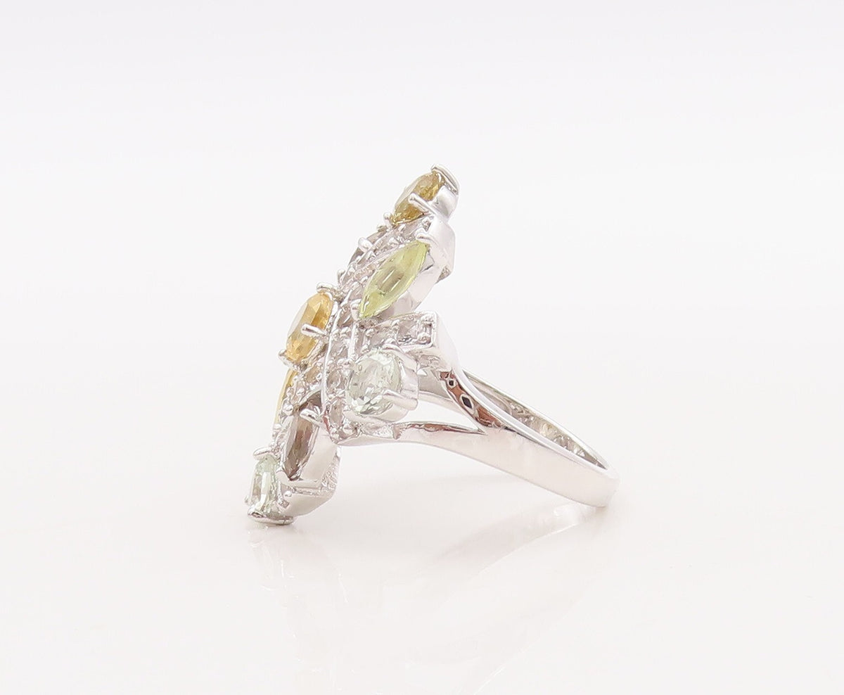 925 Sterling Silver Vintage Ring Checks Cutout Gemstones & CZ Inlay Sz 7 RG29833
