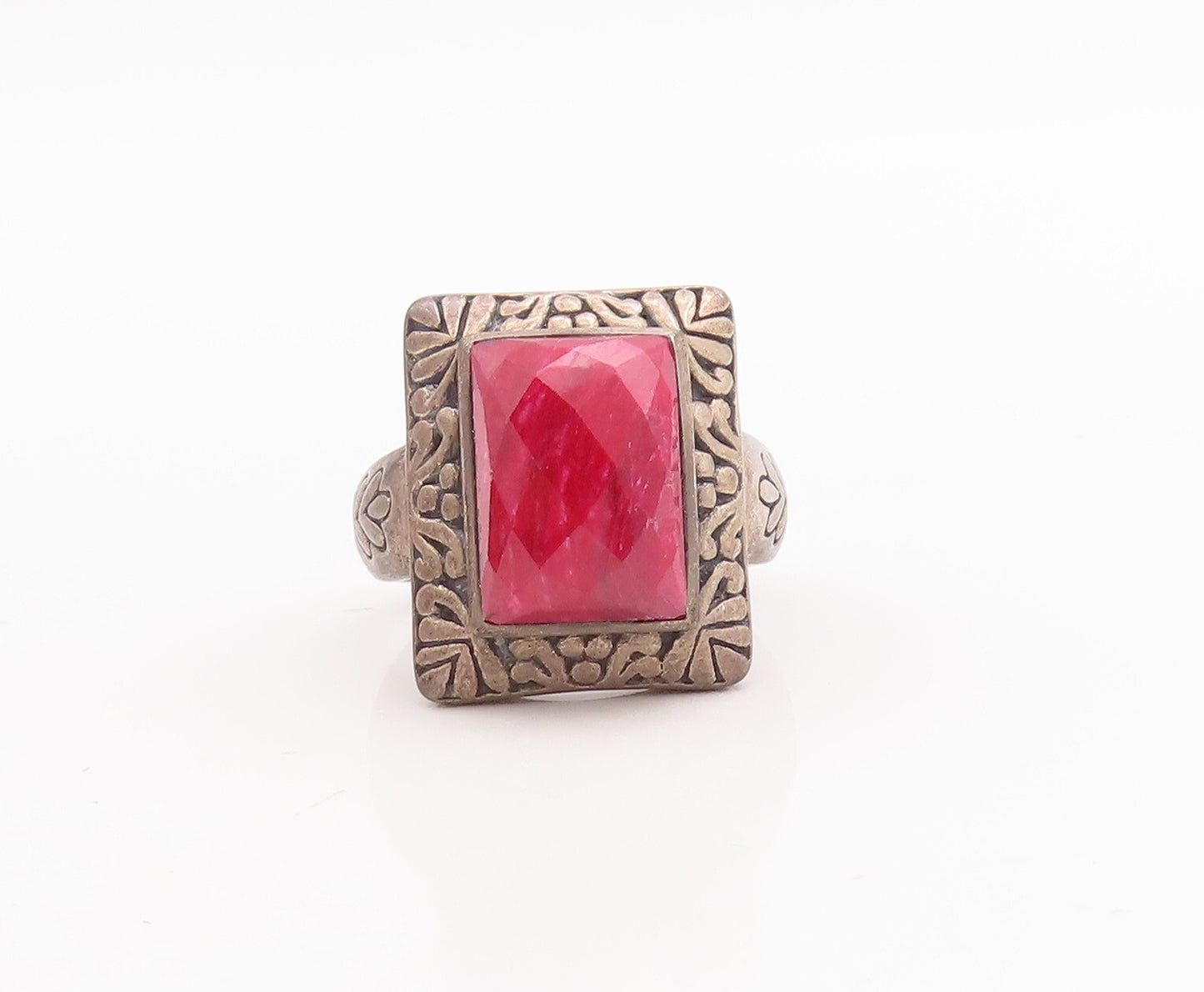 925 Sterling Silver Vintage Ring Square Red Gemstone Floral Carved Sz 8  RG29294