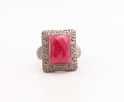925 Sterling Silver Vintage Ring Square Red Gemstone Floral Carved Sz 8  RG29294