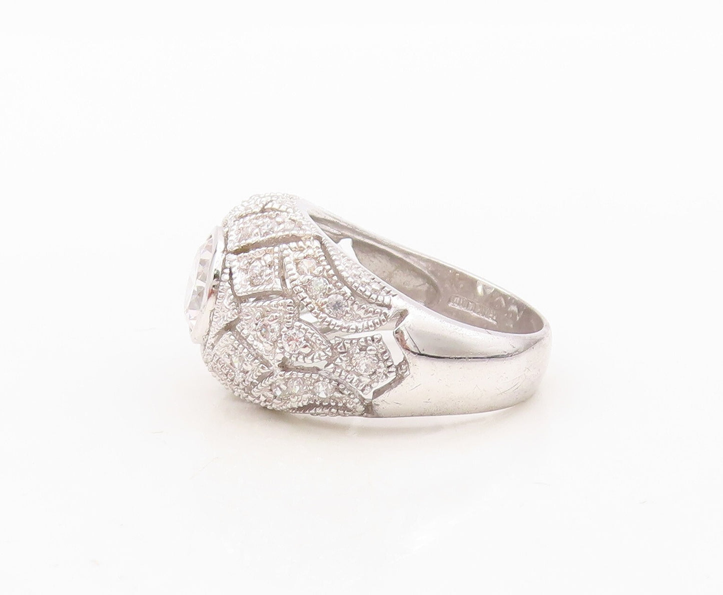 925 Sterling Silver Vintage Ring Designer Carved CZ Inlay Dome  Sz 7  RG30442