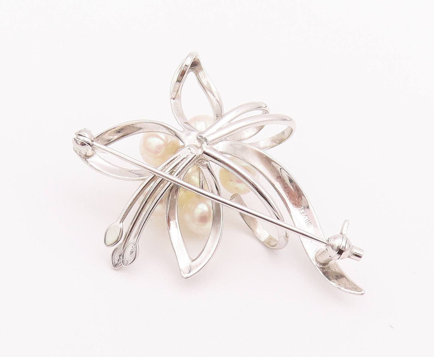 925 Sterling Silver Vintage Brooch Pin Bunch Of Pearls Cutout Flower  BP10779