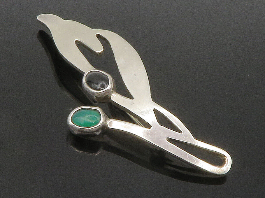 MEXICO 925 Sterling Silver  Vintage Carnelian & Onyx Shiny Brooch Pin  BP5760