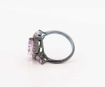 925 Sterling Silver Vintage Ring Marquise Amethyst Halo Diamonds  Sz 8  RG29816
