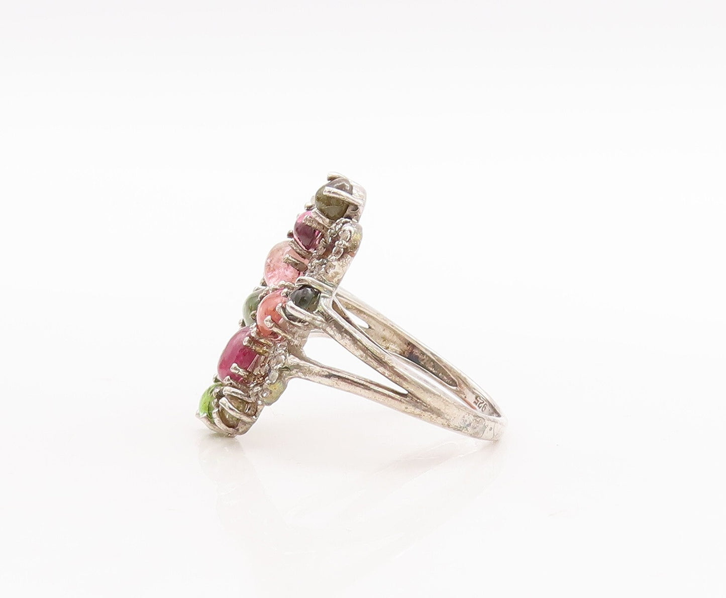 925 Sterling Silver Vintage Ring Diamonds & Gemstones Swirly Carved Sz 7 RG29349