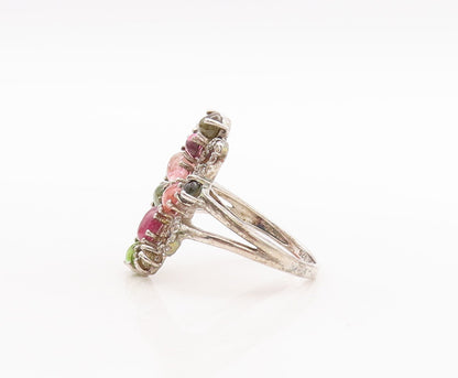 925 Sterling Silver Vintage Ring Diamonds & Gemstones Swirly Carved Sz 7 RG29349