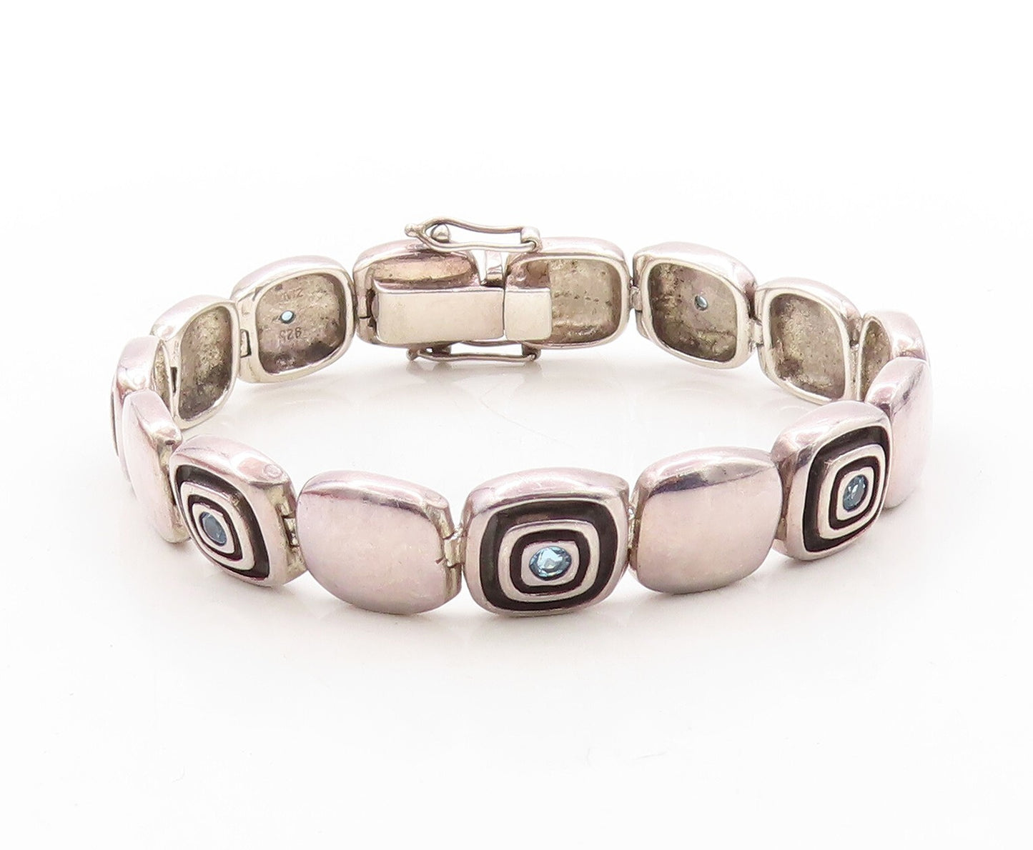 925 Sterling Silver Vintage Bracelet Solid Square Cutout Blue Topaz  BT10890